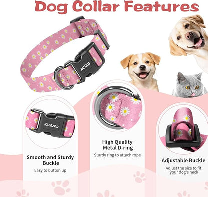Kazazoo Dog Collar Cute and Soft Nylon Puppy Collar Girl, Adjustable Dog Collars for Small Medium Dogs, Pink Daisy-XS