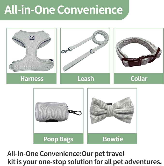 EVERKING 5-Piece Dog Travel Set, Adjustable Harness, Leash, Collar, Poop Bags, Bowtie for Small Medium Dogs, Beige, Breathable No-Pull Design (Slate Gray, XXS)
