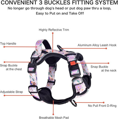 Petmolico No Pull Dog Harness Set with Leash Attachment Easy Control Handle Reflective Harness Vest Small Breed, Puppy Vest and Leash Set with Poop Bag Holder, Small - Pink Flowers