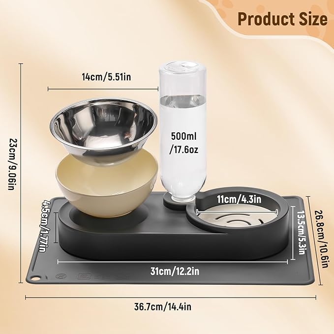 Marchul 2-in-1 Dog Bowl, Elevated Cat Food and Water Bowl with No-Spill Mat, 15° Tilt Stainless Steel Dish + 500ml Leak-Proof Bottle, Easy Clean Design