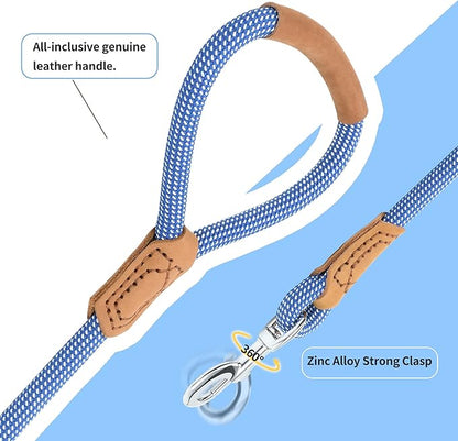 Mile High Life | Premium Leather Dog Leash | Strong Rope Leash | Leather Handle | Zinc Alloy Strong Clasp | Small Medium Large Dogs | 4/5/6 Feet(Blue White, 60 Inch (Pack of 1))