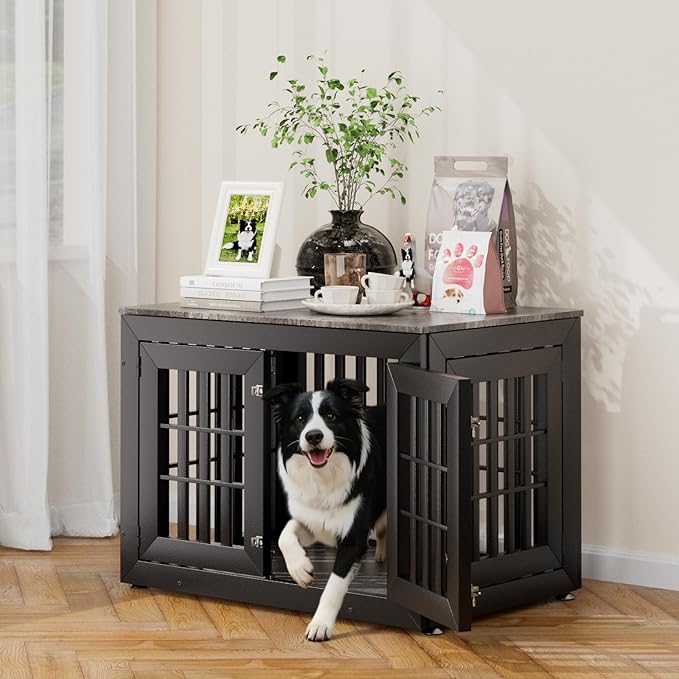 Snuowu 38" Heavy Duty Dog Crate Furniture for Small,Medium and Large Dogs,Rustic Wooden Dog Cage Kennel Indoor Furniture with Waterproof Top,Decorative Pet House Side End Table (Black & Grey)