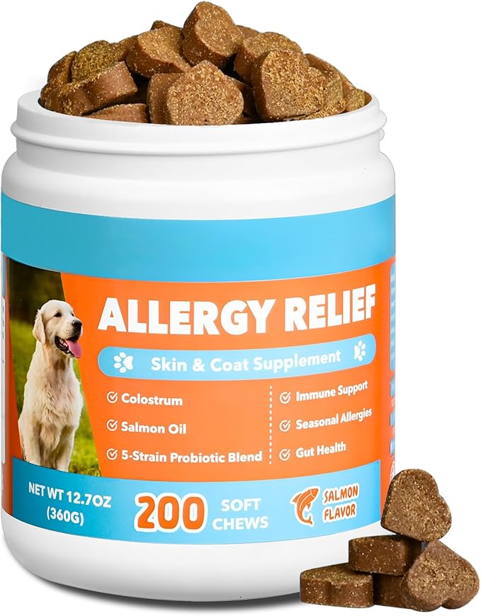 Dog Allergy Chews 200ct, Dogs Allergy Relief Chews for Paw Licking Itchy Skin Coat Supplement, Dog Itching Relief with Probiotics Colostrum for Dry Skin Itching Licking Seasonal Allergies