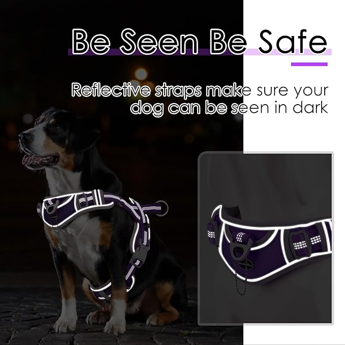 ADVENTUREMORE No Pull Dog Harness for Large Dogs, Sport Dog Halter Harness Reflective Breathable Dog Vest Escape Proof Dog Harness with Easy Control Front Clip Handle for Training Walking L Purple
