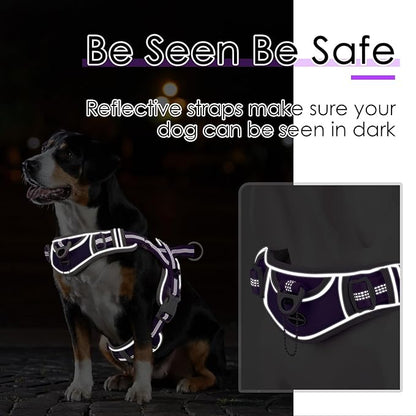 ADVENTUREMORE No Pull Dog Harness for Large Dogs, Sport Dog Halter Harness Reflective Breathable Dog Vest Escape Proof Dog Harness with Easy Control Front Clip Handle for Training Walking L Purple