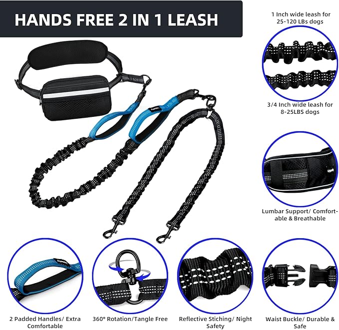 Uppetly Hands Free 2 Dog Running Leash with Waist Belt, Dual Handle Elastic Bungees Retractable Rope for Medium and Large Dogs, Reflective Stitches for Walking Hiking Biking (Large Blue, 25-120lb)
