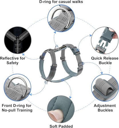 Plutus Pet No Pull Dog Harness, Adjustable Nylon Harness with Soft Padding, Reflective and Heavy Duty Dog Harness for Small, Medium, Large Dogs(Gray, XS)