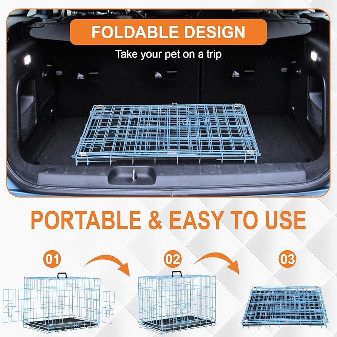Wire Dog Crate 24 Inch Dog Kennel Cage, Double Door Folding Dog Cage, Wire Dog Kennel with Removable Tray, Indoor&Outdoor,Blue
