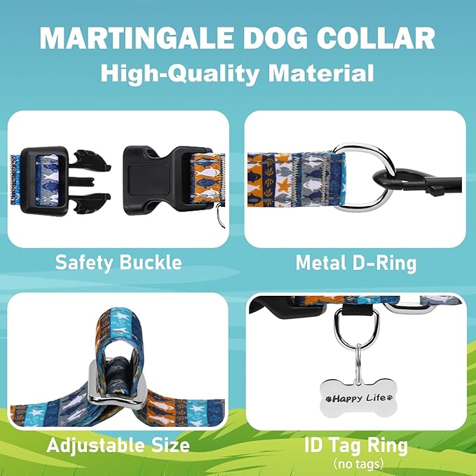Reflective Martingale Collar with Buckle Shark Starfish Ethnic Stripe Adjustable Designer Dog Collars (Underwater World, Large)