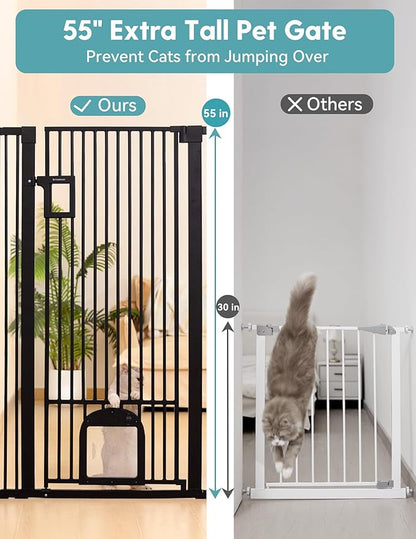 No Pawblems 55" Extra Tall Pet Gate with Adjustable Cat Door, 29-43" Auto Close Dog Gate, NO Drilling Pressure Mounted for Doorways/Hallways, 1.37" Narrow Bar Spacing, Black