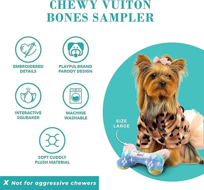 Haute Diggity Dog Chewy Vuiton Bones Plush Squeaky Dog Toys, Soft Durable Designer-Inspired Stuffed Puppy Chew Toys for Small & Medium Dogs, Machine-Washable (Assorted Colors) One Size, 4 Pcs