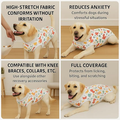 PetWarm Male Dog Surgical Suit After Neuter, Onesies for Dogs, Bodysuit for Abdominal Affected Areas Sensitive Skin Areas, E Collar Alternative, Dog Post Surgery Suit, Dinosaur Pattern, White, XL