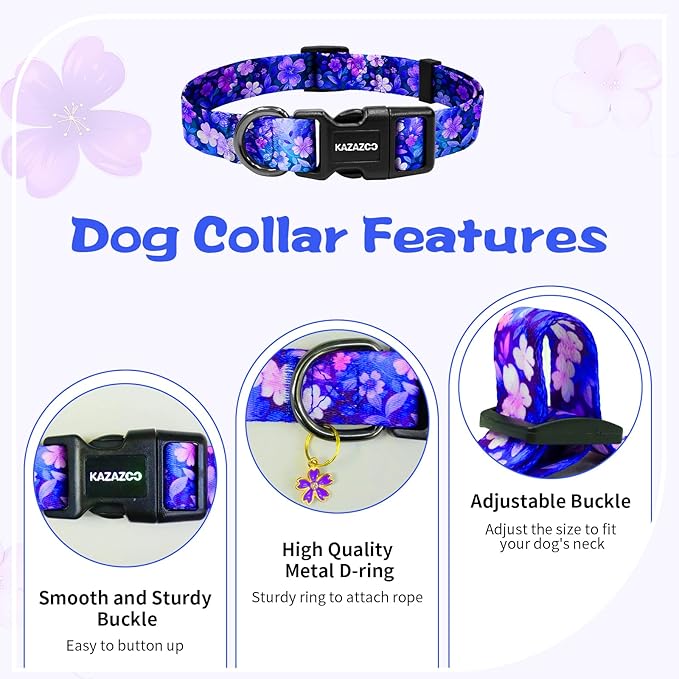 Kazazoo Dog Collar Cute and Soft Nylon Puppy Collar Girl, Adjustable Dog Collars for Small Medium Dogs, Purple Flowers-XS