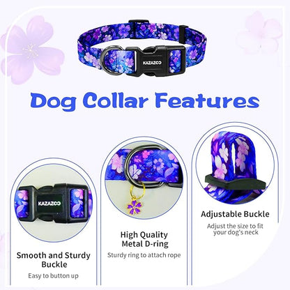 Kazazoo Dog Collar Cute and Soft Nylon Puppy Collar Girl, Adjustable Dog Collars for Small Medium Dogs, Purple Flowers-XS