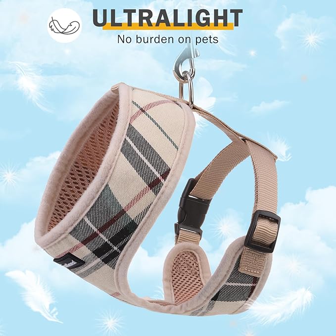 SCENEREAL No Pull Dog Harness Collar and Leash Set for Small Sized Dogs, Soft Mesh Plaid Puppy Harnesses, Pet Vest for Outdoor Walking Training and Running, Beige XS