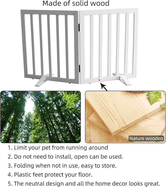 Dog Gate Indoor, Freestanding Dog Fence for The House, Doorways, Hallways,or Stairs,Pet Gate Foldable Wooden,Expandable 24" Height 2 Panels,White