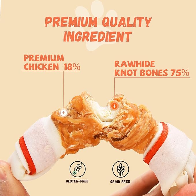 Pawmate Dog Treats Large Breed, Chicken Wrapped Rawhide Bones 6.5'', Large Size Long Lasting Dog Chews with Taurine, Teeth Cleaning Training Treats Snacks for Medium Large Dogs, 4 Counts, 10.6 oz