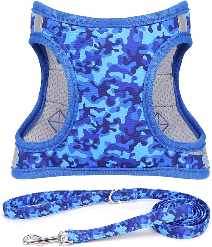 Moonpet Step in Boy Dog Harness Leash Set- All Weather Reflective No-Pull Padded Mesh Vest Harness for Cats Puppy Extra-Small Small Medium Large Dogs - Blue Camouflage - XS