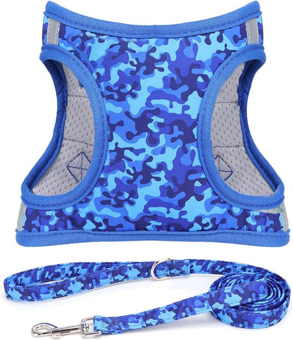 Moonpet Step in Boy Dog Harness Leash Set- All Weather Reflective No-Pull Padded Mesh Vest Harness for Cats Puppy Extra-Small Small Medium Large Dogs - Blue Camouflage - L