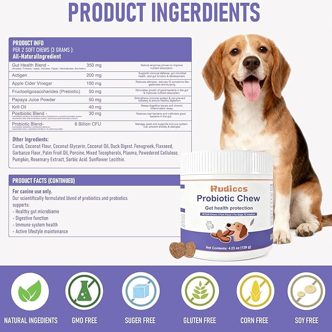 Dog Probiotics Probiotics for Dogs - Digestive Enzymes for Gut Flora, Digestive Health, Diarrhea & Bowel Support - Dog Supplement Soft Chew for Pet Immune System -（40ct ）