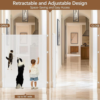 Reinforced 55" Extra Tall Cat Gate for Doorway - No Jumping Over/Crawling Under, Retractable Baby Gate for Cats Fits Openings up to 55" Wide, Retractable Dog Gate Indoor Tall Pet Gate for Stairs/White