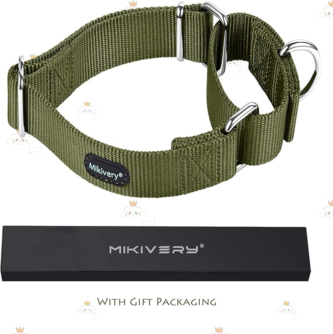 Mikivery Martingale Dog Collar Nylon Adjustable and Safety Training Colourful Comfortable Metal Buckle Pet Collars for Small Medium and Large Dogs(Military Green,L)