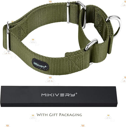 Mikivery Martingale Dog Collar Nylon Adjustable and Safety Training Colourful Comfortable Metal Buckle Pet Collars for Small Medium and Large Dogs(Military Green,L)