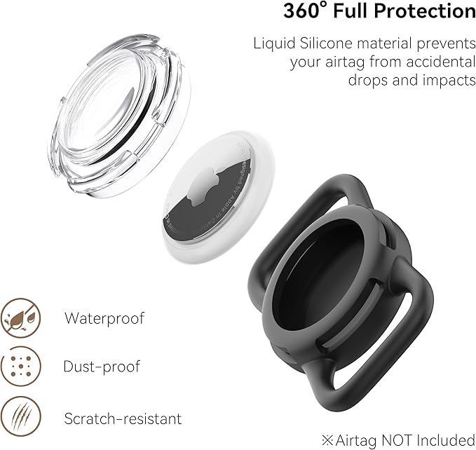 Waterproof Airtag Holder for Dog Collar, Soft Full-Body Protective Airtag Holder for Dog & Cat Collars, Ultra-Durable, Easy Installation, Lightweight Clear Airtag Case (Black, Regular)