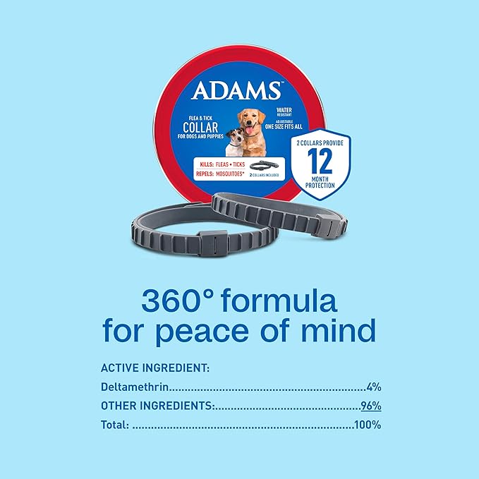 ADAMS Flea & Tick Collar for Dogs & Puppies, Flea Collar for 12 Month Prevention, Kills Fleas, Ticks & Repels Mosquitoes, Excluding California, One Size Fits All Dogs & Puppies, 2 Count