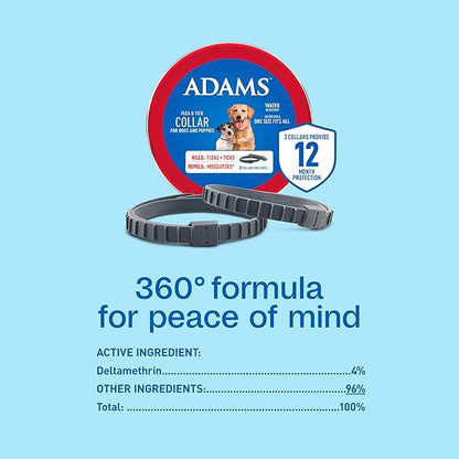 ADAMS Flea & Tick Collar for Dogs & Puppies, Flea Collar for 12 Month Prevention, Kills Fleas, Ticks & Repels Mosquitoes, Excluding California, One Size Fits All Dogs & Puppies, 2 Count
