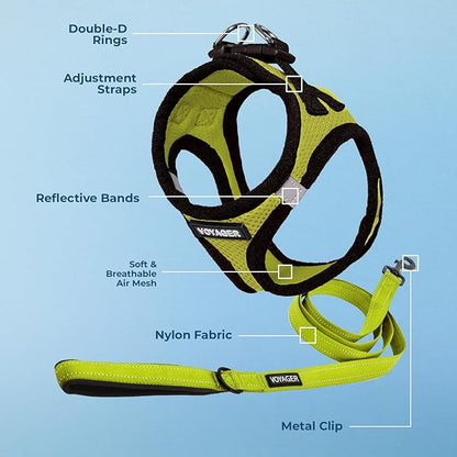 Best Pet Supplies Voyager Step-in Air All Weather Mesh Harness and Reflective Dog 5ft Leash Combo with Neoprene Handle, for Small, Medium and Large Breed Puppies - Set (Lime/Black Trim), Medium