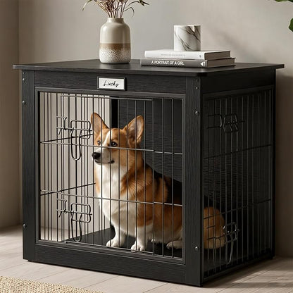 Black Dog Crate Furniture with Reversible Side Door, Wooden Indoor Dog Kennel for Small Medium Dogs, End Table Dog Crate with Double Locks, Heavy Duty Steel Mesh Furniture Style Dog Cage