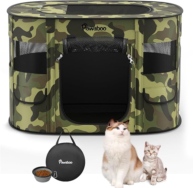 Dog Playpen, Portable Pet Cat PlayPen, 600D Oxford Dog Kennel Tent Crate, Waterproof&Breathable, Indoor Outdoor Travel Camping for Medium/Large Breed with Carrying Case+Bowl(M), Black Camouflage
