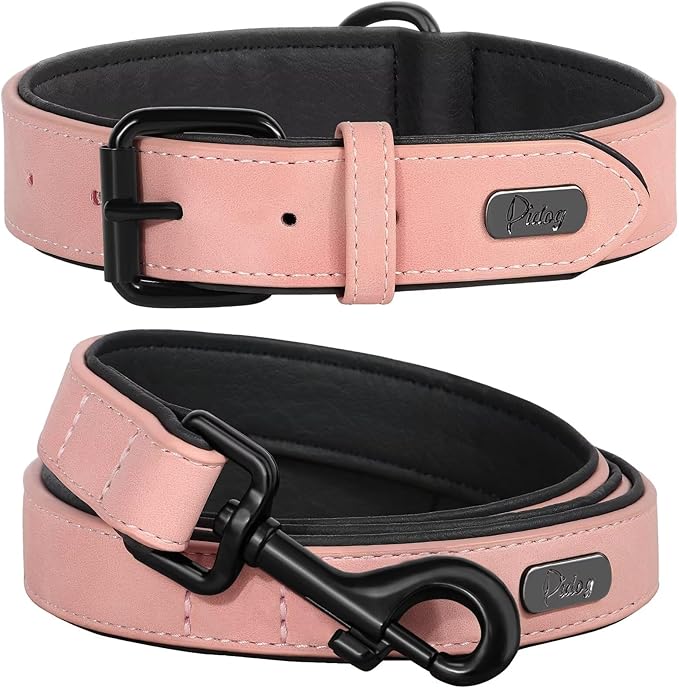 Didog Soft Padded Leather Dog Collar and Leash Set, Adjustable Dog Lead and Collar Set with Metal Buckle, Breathable Pet Collars with 4FT PU Leather Leash for Small Medium Dogs, Pink, M
