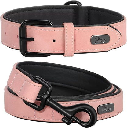 Didog Soft Padded Leather Dog Collar and Leash Set, Adjustable Dog Lead and Collar Set with Metal Buckle, Breathable Pet Collars with 4FT PU Leather Leash for Small Medium Dogs, Pink, M