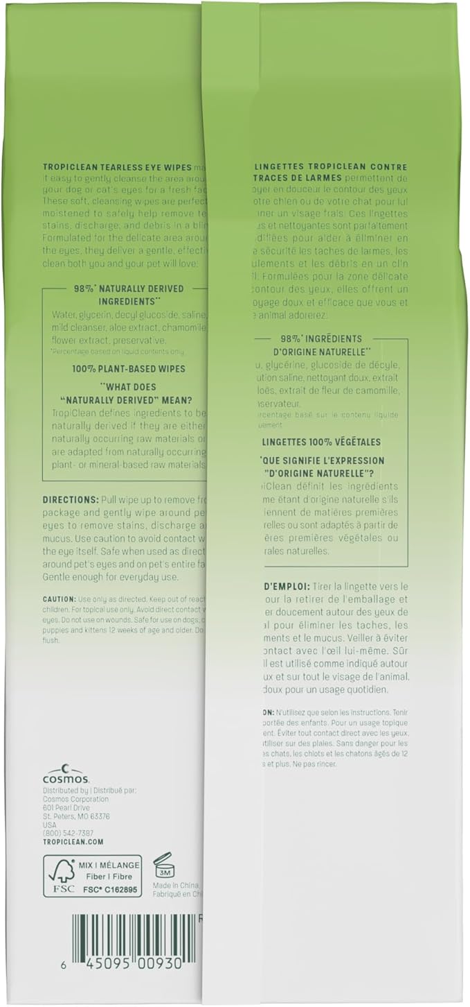 TropiClean Tearless Dog Eye Wipes, Dermatologist Approved Tear Stain Remover for Dogs & Cats, Gentle & Safe for Daily Use, Made in USA, 50ct.