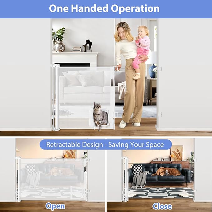 Retractable Baby Gate with Cat Door 55" Wide Retractable Baby Gate for Stairs Mesh Baby Gate with Pet Door Retractable Dog Gate for The House Retractable Pet Gate with Door Safety Gates for Toddlers