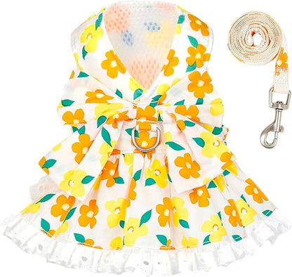 ABRRLO Dog Harness Dress Leash Set for Small Dog Summer Clothes Girl Female Puppy Cats Outfits Cute Floral Bowknot Princess Birthday Dress for Extra Small Pet Doggie Kitten Outfits Apparel(Yellow,XS)
