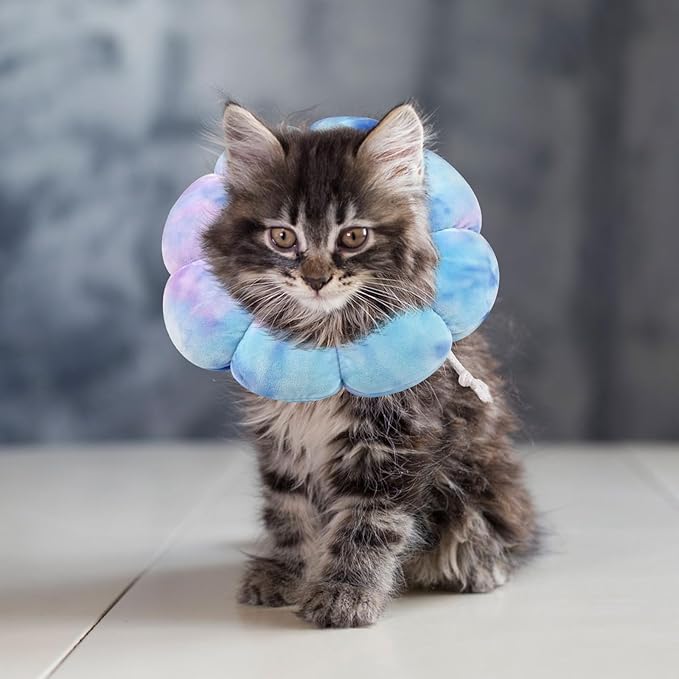 Flower Cat Cone, Uadonile Adjustable Cat Cone Collar, Soft Dog Elizabethan Collar Recovery E Collar After Surgery, Recovery E-Collar for Kittens/Puppies and Cats Recovery(Tie-dye Purple Blue, S)