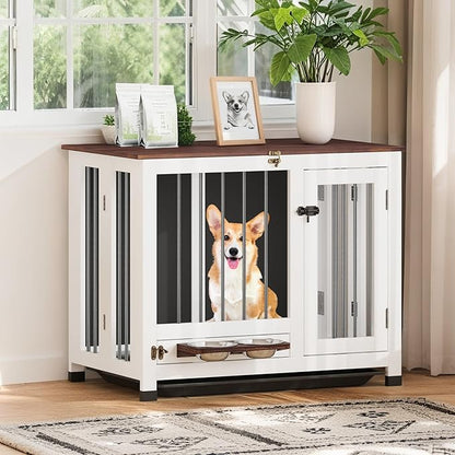 31.5" Dog Crate Furniture - Wooden Dog Kennel with 360° Rotating Feeder & Removable Tray | Indoor Multi-Functional End Table for Medium & Small Dogs, White Dog Cage, Portable Pet Furniture