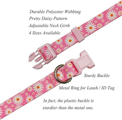 Dog Collar Leash Set, Floral Pattern, Polyester Material, Adjustable Collar and 5ft Matchcing Leash, for Puppy Dogs.(XS, Light Pink Daisy)