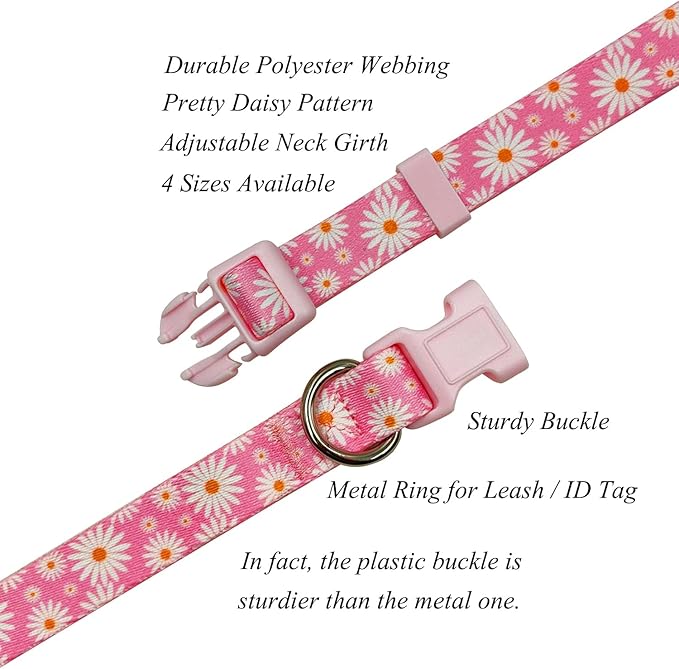 Dog Collar Leash Set, Floral Pattern, Polyester Material, Adjustable Collar and 5ft Matchcing Leash, for Small Dogs.(S, Light Pink Daisy)