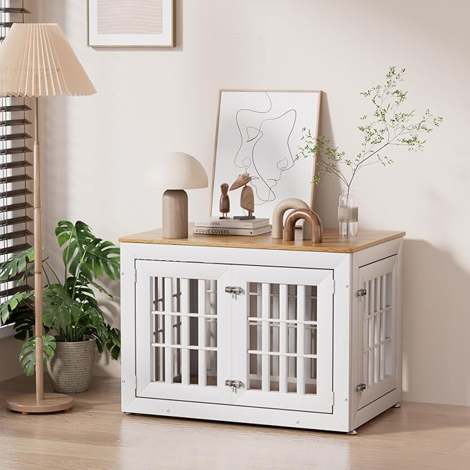 Snuowu 38" Heavy Duty Dog Crate Furniture for Small,Medium and Large Dogs,Rustic Wooden Dog Cage Kennel Indoor Furniture with Waterproof Top,Decorative Pet House Side End Table (White & Wood)