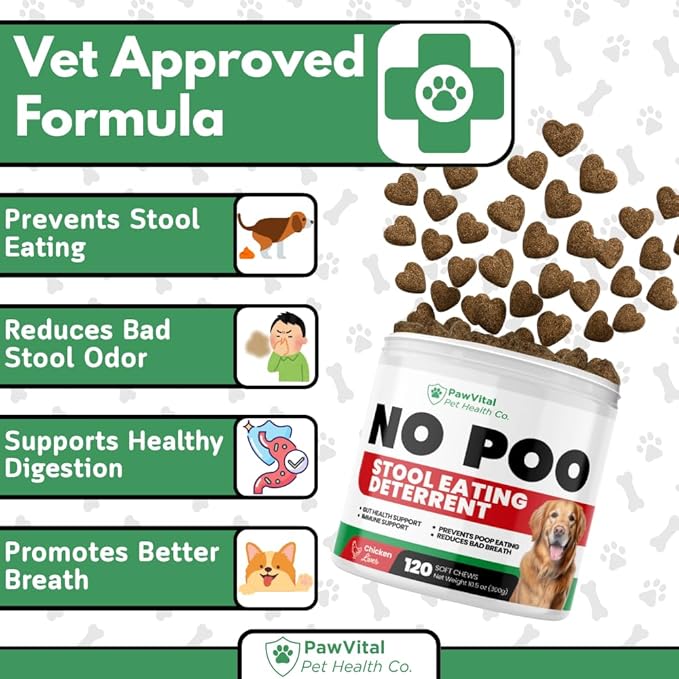 No Poo Chews for Dogs – Coprophagia Stool Eating Deterrent – Stop Eating Poop Supplement with Probiotics, Enzymes & Breath Aid – 100% Natural Soft Chews Made with Real Chicken – 120 Ct