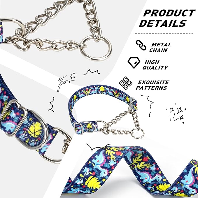 Martingale Dog Collar with Chain, Reflective Adjustable Training Collar with Dinosaur Design for Medium, Large, XL Dogs(Dinosaur Medium)