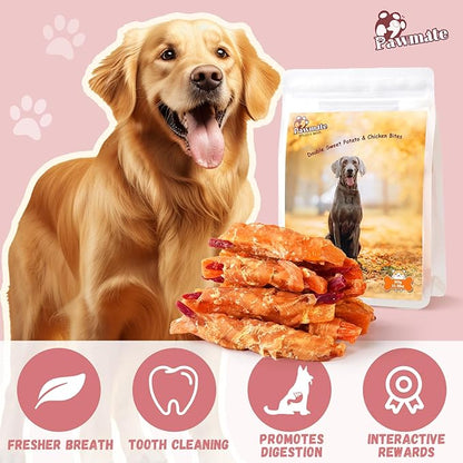 Pawmate Dog Treats Double Sweet Potato & Chicken Wraps, Healthy Chicken Jerky Dog Chews High Protein Low Fat, Chewy Training Snacks for Small Medium Large Dogs, 12-15 Counts