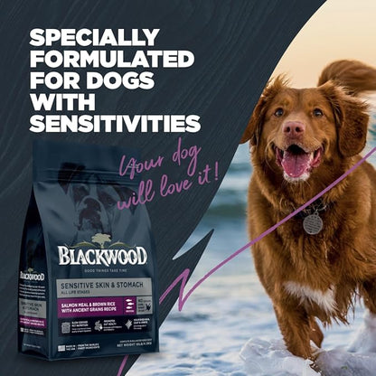 Blackwood Sensitive Skin & Stomach Dry Dog Food, Salmon Meal & Brown Rice with Ancient Grains, 24 Pound Bag with Prebiotics & Probiotics to Promote Gut Health