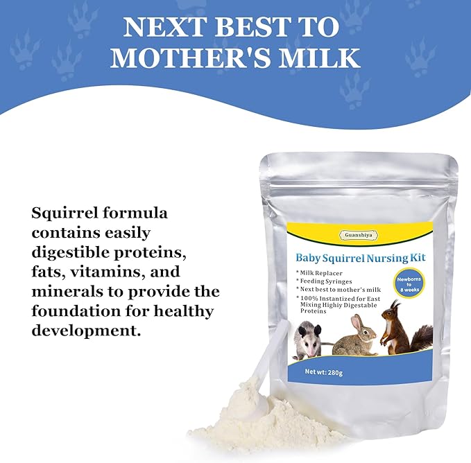 Baby Squirrel Feeding Kit,280 g Milk Replacer for Squirrel, Rabbit, Opossum, with Feeding Syringes,100% Instantized for Mixing Digestible Proteins