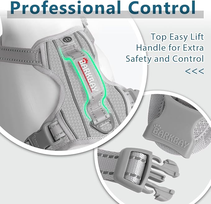 BARKBAY Dog Harness No Pull with ID Tag Pocket - Heavy Duty, Reflective, Easy Control for Large Dogs(Grey,L)