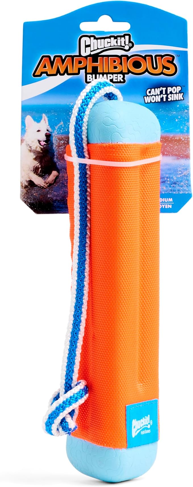 Chuckit! Amphibious Bumper Fetch Stick Toy for Dogs - Floats in Water - Interactive Dog Toys to Keep Them Busy - Tough Rubber, Nylon, and Foam - Non-Slip Rope Handle - Size Medium - Assorted Colors